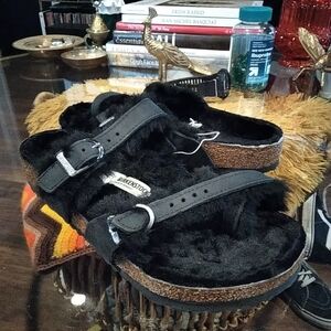 Birkenstock Mayari Shearling Sandals Womens 38 / US 7 Black Buckle Straps